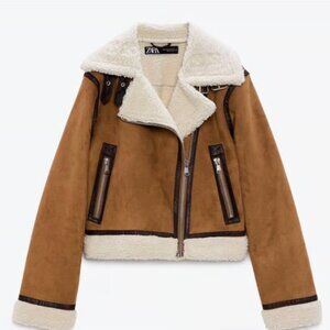 ZARA DOUBLE FACED FLEECE STRUCTURED MOTO JACKET SHEEPSKIN CHESTNUT TAN AVIATOR S